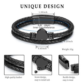 Minicremation Cremation Jewelry for Ashes Urn Bracelet Clasp Beads Cowhide Multi-Layer Braided Genuine Leather Urn Bracelet for Men Women (22cm, Black)