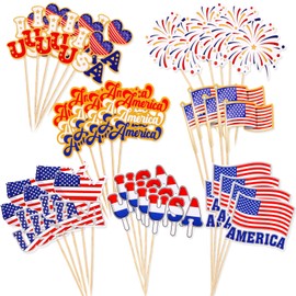 HOWAF 70pcs 4th of July American Flags Toothpick, USA Mini Stick Cupcake Toppers, Red White Blue Independence Day Cocktail Picks Fruits Sticks for US July 4th Patriotic Party Food Drink Decorations