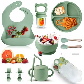 12PCS Vajillas Platos para Niño Silicona,Set Alimentacion Complementaria Niños,Set Alimentacion Complementaria Niños sin Bpa,Antideslizante,Fácil de Limpiar,Apto para Microondas. (Verde Militar)