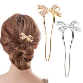 Amariver French Hair Pins 2Pcs Bow Hairpins for Women U Shaped Hair Pins French Rhinestones HairFork for Buns Twist HairPin for Long Hair