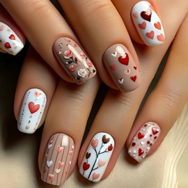 Valentines Press on Nails Short Square Fake Nails Rose Designs Glossy False Nails Full Cover Valentines Colorful Heart Love Acrylic Nails Full Cover Stick on Nails for Women Nail Art DIY 24 Pcs