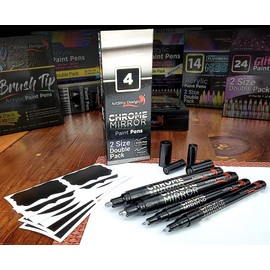 ArtShip Design 4 Chrome Mirror Paint Pens Double Pack of Both Extra Fine & Medium Tip Markers for Models, Cards, Posters, Rock Painting, Mugs, Ceramic, Glass, Wood, Plastic, & Most Surfaces