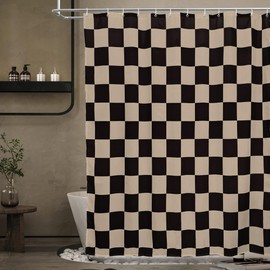 Tititex Aesthetic Checkerboard Grid Pattern 140gsm Faux Linen Fabric Shower Curtain, Black Brown Modern Shower Curtain Sets Decoration 71x71 Inch with Hooks