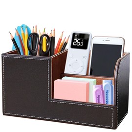 VKFOFEG Schreibtisch Organizer, PU Leder Stiftehalter Schreibtisch, Büroorganizer mit 3 Speicherabteil, Multifunktionaler Stifte Organizer, Büro Organizer Bürobedarf für Büro Zuhause Schule (Braun)