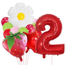 Strawberry Balloons Number 2 Balloons Polka-dot Latex Balloons for Girl Fruit 2nd Birthday Party Decoration Supplie,Berry 2nd Party Decor,White Daisy Latex Mylar Red Number 2 Balloons Decor for Girls
