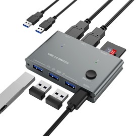 USB 3.0 Switch 2 Computers Share 3 USB 3.0 Devices with TF Card Reading Function, USB Switcher Selector for PC Laptop Keyboard Mouse Webcam USB-Microphone, with 2 USB A to A Cables