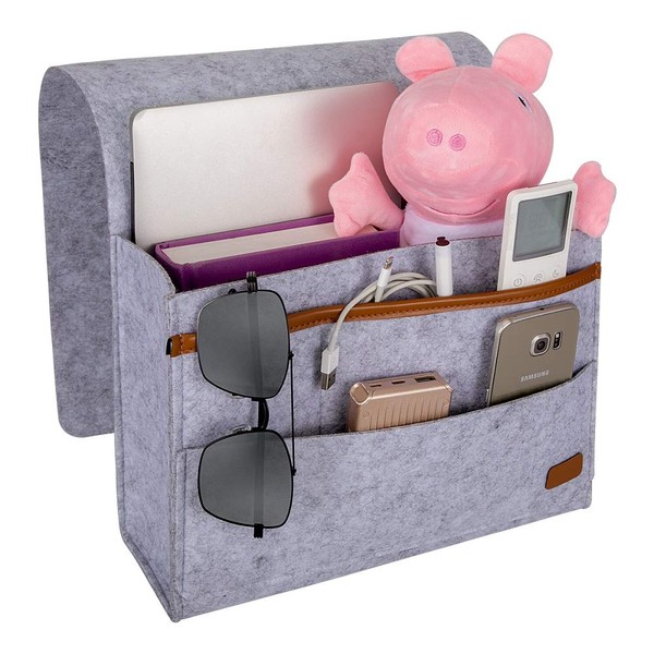 EXECCZO Bedside Caddy for Dorm College Room Bunk Bed, Bed Caddy Storage Organizer Home Sofa Desk Felt Bedside Pocket for Organizing Tablet Pad Magazine Books Phone Chargers Cable（Light Grey）