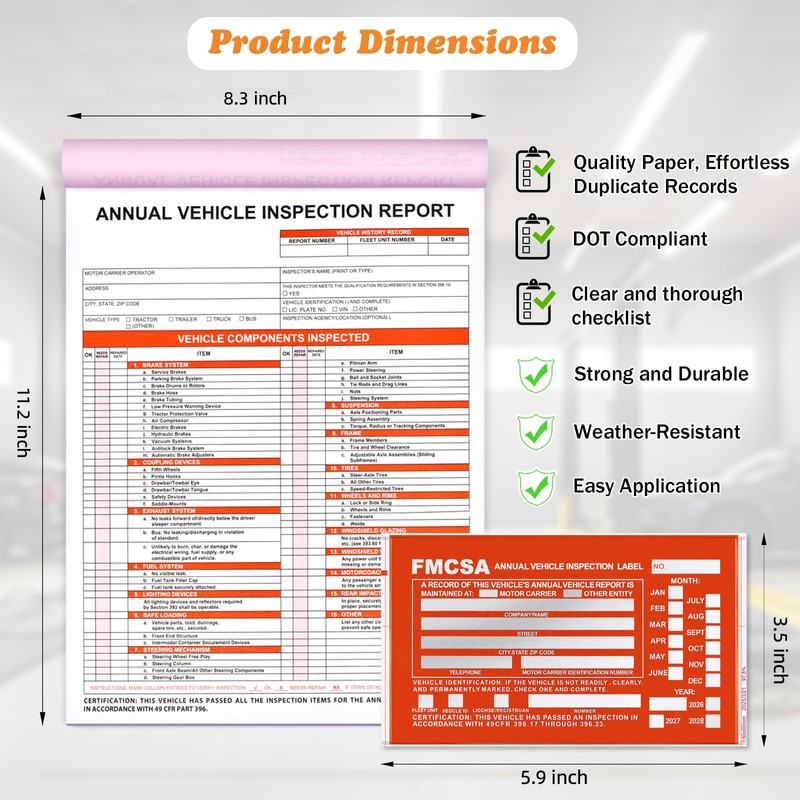 Bonpaso 15 Pack Annual Vehicle Inspection Report Forms & 15-Pk