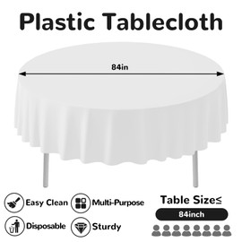 CC-SLZP 20 Pack Disposable Plastic Tablecloth Round, 84 Inch Premium Plastic Table Cover for Parties, Picnic, Camping, Birthday, Weeding (White, 84" Round)