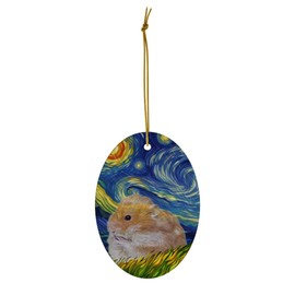 Whimsical Night Sky Red Hamster Christmas Ornament White Oval Ceramic - Impressionist Pet Portrait Memorial Keepsake Gifts for Hamster Lovers