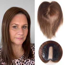 FQNing Human Hair Topper 12 Inch Real Remy Hair Full Hand Tied Silk Topper Straight Hair Piece for Thinning Hair Women Solution (12 Inch, 4# Medium brown)