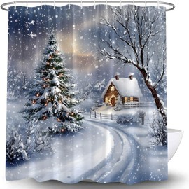 HUSPWP Winter Shower Curtain Vintage Village Snowy Nature Landscape Xmas Tree Snowflake Retro House Rustic Cabin Merry Christmas Happy New Year Fabric Bath Curtain with