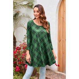 Enmain Tunic Tops 3/4 Long Sleeve Crew Neck Tartan Women Tunic Dress Top for Leggings Green 3XL