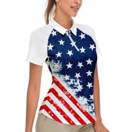 Women's Golf Polo - July 4th American Flag Half Zip Printed Collared Shirts for Women