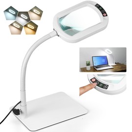 Veemagni 10X Rectangle Magnifying Glass with Light and Stand, Flexible Gooseneck LED Lighted Desk Lamp, 5 Color Modes Stepless Dimmable, Hands Free Magnifier for Reading Painting Close Work - White