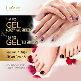 296 PCS Nail & Pedi Stickers. 140 Pcs Gel Nail Stickers and 156 Pcs Pedi Stickers, Nail Polish Strips, Long Lasting, Easy to Apply & Remove-Includes 1 Nail File (GELPEMA-COM2, 296 PCS)