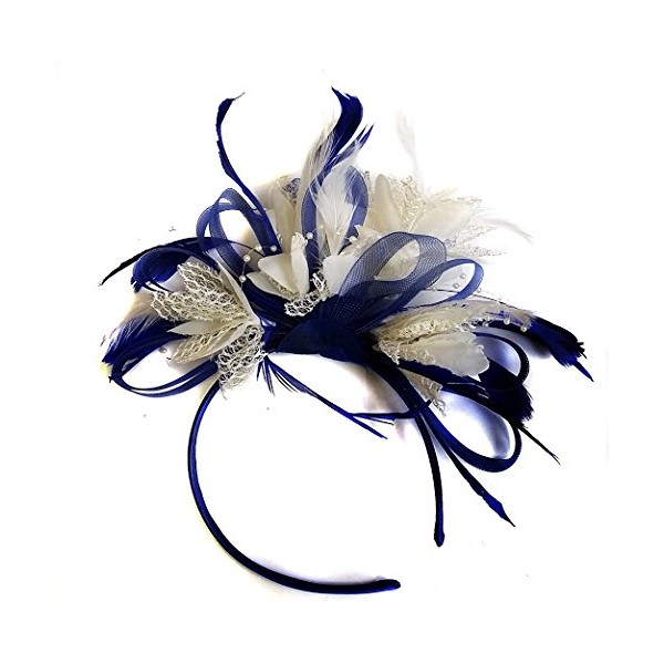 Navy Blue and Cream Feather Hair Fascinator Headband Wedding Ascot Races Ladies