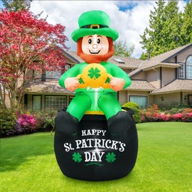 Favehome 6FT Tall St. Patricks Day Inflatables Leprechaun Holding Lucky Shamrock Sitting on The Pot of Gold Built-in LED Lights for St. Patricks Day Decorations Outdoor