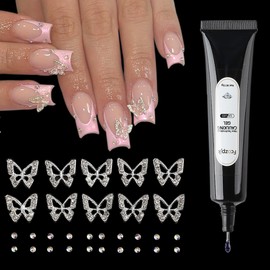 3D Silver Butterfly Nail Charms, Metal Butterfly Rhinestones for Nails, Small Nail Gems with 15g Gel Glue for Rhinestones, UV Cured Drill Nail Glue, Gems for Nails, Nail Art Jewelry Decorations