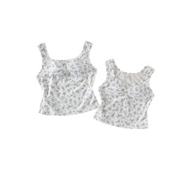 RoseSeek Girl's 2 Packs Ditsy Floral Sleeveless Tank Tops Ruched Ribbed Square Neck Cute Summer Top White 12Y