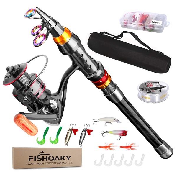 FishOaky Fishing Rod kit, Carbon Fiber Telescopic Fishing Pole and Reel Combo with Line Lures Tackle Hooks Reel Carrier Bag for Adults Travel Saltwater Freshwater