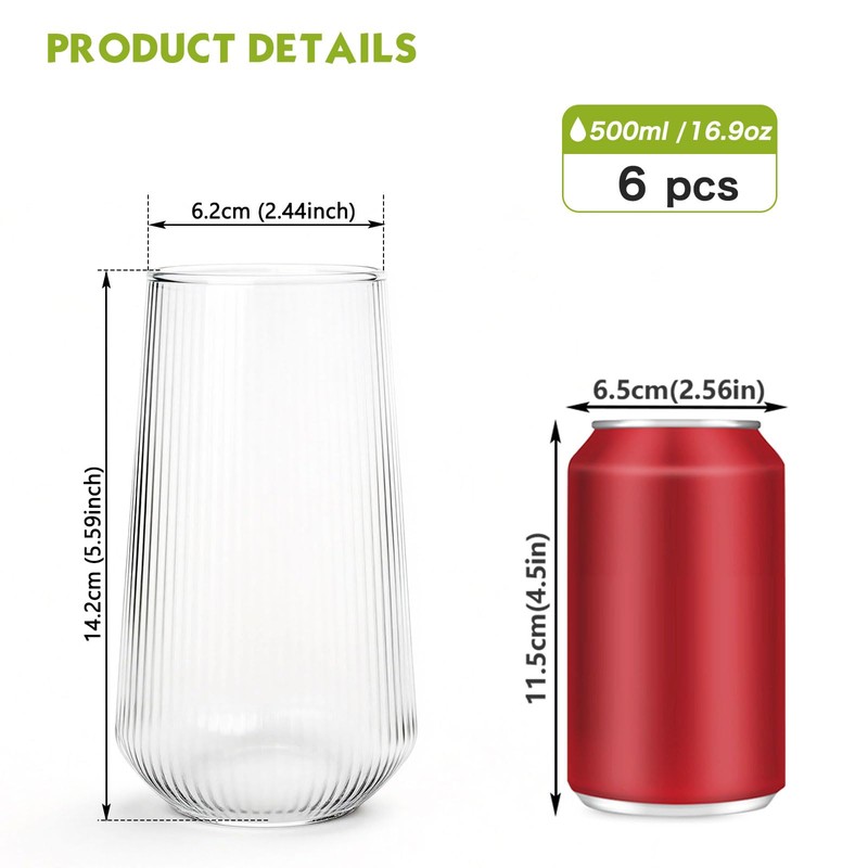 Greentainer Borosilicate Drinking Glasses Set of 6, 16 oz Clear