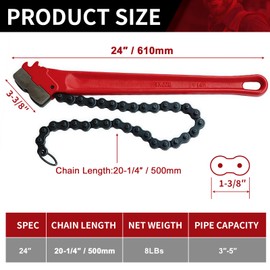 LIIAMOAR Chain Pipe Wrench 24" for 3" ~ 5" pipe diameter, chain length 20.3". Heavy-duty chain pipeline tool for pipeline installation, oilfield pipeline operations and maintenance