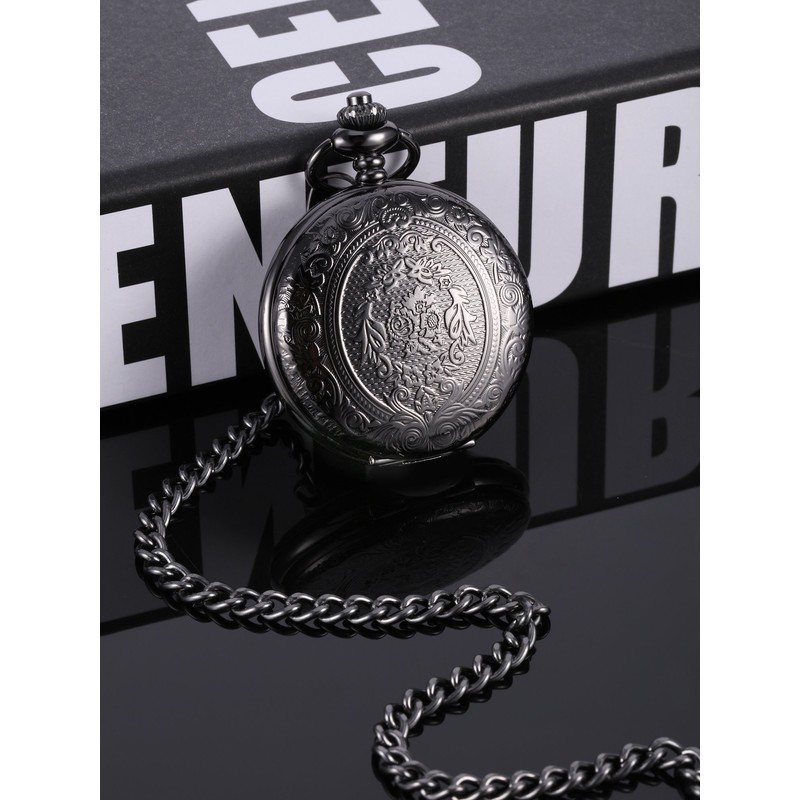 Quartz Pocket Watch for Men with Black Dial and Chain