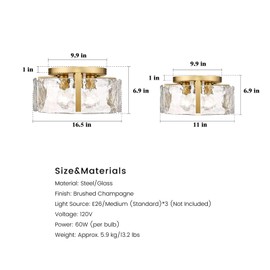 CKENSU Semi Flush Mount Ceiling Light, 3-Light Modern Glass Drum Fixture for Dining Room, Bedroom, and Entryway (Gold, 11 inch)