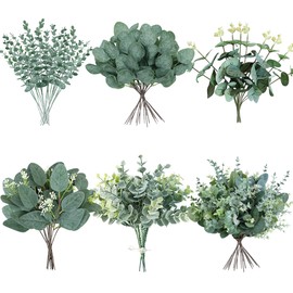 AUMVEYI 60 pcs 5 Kinds Eucalyptus Stems Bulk, Artificial Silver Dollar Eucalyptus Greenery Picks, Faux Floral Branch Decoration for Wedding Bouquet Arrangement Flower Centerpieces Décor