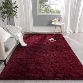 Pettop Fluffy Burgundy Rug for Bedroom Living Room, 8x10Feet Rectangle Large Rug Plush Fuzzy Carpet for Girls Kids Boys, Non-Slip and Washable Rug for Nursery Classroom, Wine Red Rug