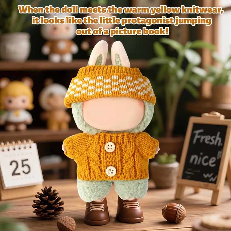 Doll Clothes Set, Handmade Crochet Knitted Button Sweater & Hat