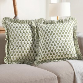 Tranqun 2 Pack Emerald Green Ruffle Throw Pillow Covers for Couch 20 x 20 Inches Green Flowers Cotton Ruffle Couch Pillow Shams Cases for Bed Sofa Living Room Hidden 16 Inches Zipper Boho Cute Square