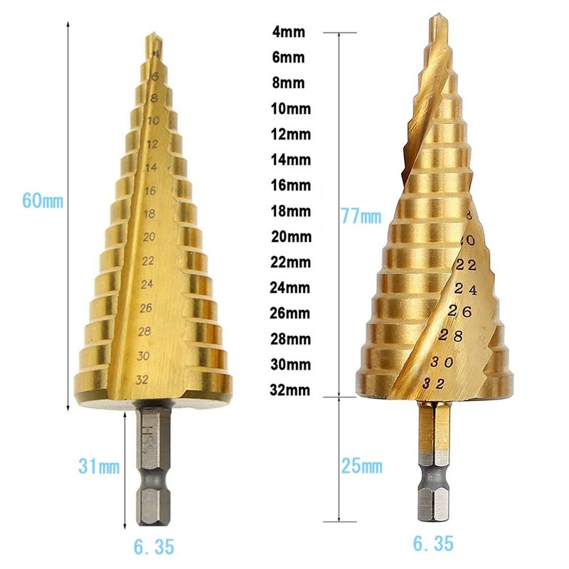KALOLINNA Step Drill, Hexagonal Shaft, Titanium Coating, Drilling Enlargement, Helix,