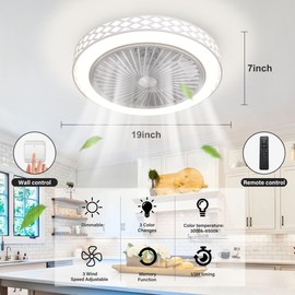 DAHUICFL Ceiling Fan with Lights and Remote,19'' Bladeless Ceiling Fan with Light Flush Mount, 3 Colors Modern Dimmable Low Profile Ceiling Fan with Lights for Bedroom (White)