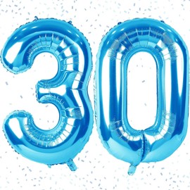 Number 30 Balloons, Blue 30 Number Balloons, 40 Inch Blue 30 Balloons Self Inflating, Large Foil Mylar Helium Blue Digit Balloons for 30nd 3rd Birthday Anniversary Party Decoration
