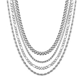 YADOCA 4PCS Silver Chains for Men Stainless Steel Necklace for Men Women Boys Cuban Rope Figaro Box Chain Mens Necklace