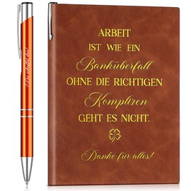 Clabby Set of 2 Gift for Colleagues, A5 Notebook, PU Leather Notepad with Saying Work Is Like A Bank Heist, Motivational Ballpoint Pen, Inspirational Pen, Thank You Gift, Employee (Orange)