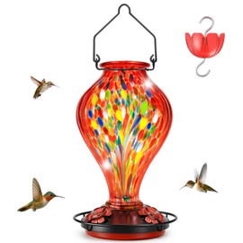Hummingbird Feeders for Outdoors – Hand Blown Glass Outdoor Hanging Bird Feeder with Ant Moat, 28 Ounces,Leakproof, Easy to Clean, Vibrant Decorative Gift for Garden,Patio,Yard,Window, Mom or Gardener