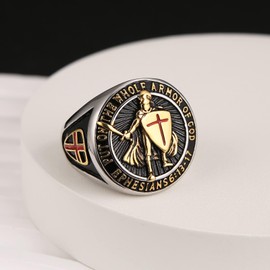 HZMAN Stainless Steel Knights Templar Ring for Men Boys Retro Put On The Whole Armor of God Ephesians 6:13 Red Cross Ring (Silver Gold,10)