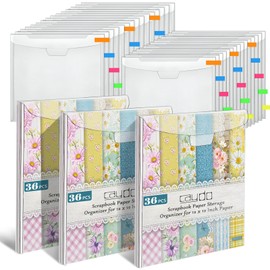 Caydo 36 Pieces Scrapbook Paper Storage with Buckle Design, Plastic Scrapbook Paper Organizer with 100 Pieces Multicolor Sticky Index Tabs for Holding 12 x 12 Inch Paper, Vinyl Paper