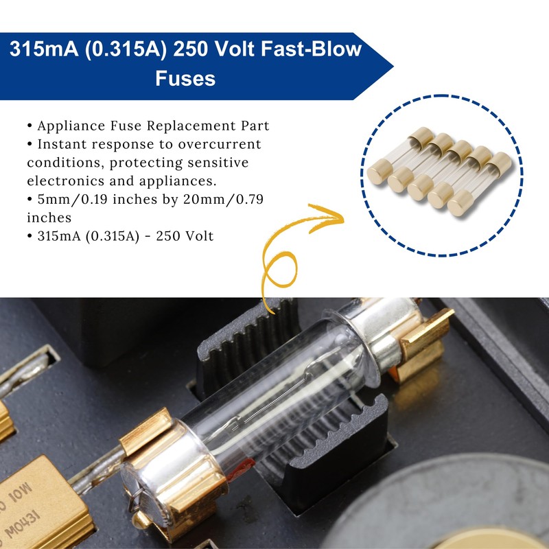 315mA (0.315A) GMA Glass Fuses, 5x20mm (0.20 x 0.79inches), 250V