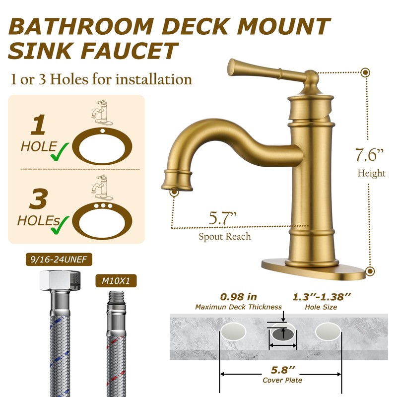 Roman Bathroom Sink Faucet Brushed Gold Single Hole Deck-Mount Pop-up
