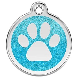K9 Palace Red Dingo Stainless Steel with Glitter Pet I.D. Tag - Paw Print (Aqua, Medium)