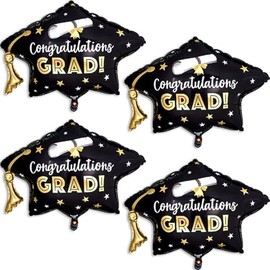 4 Pcs Graduation Cap Balloons, Black Gold Graduation Hat Balloon for 2026 Black and Gold Graduation Party Decorations