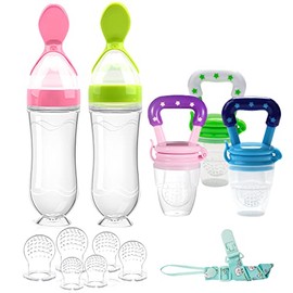 Alimentador de alimentos para bebés con chupete (3 piezas) con 6 chupetes de silicona de diferentes tamaños, cuchara dispensadora de alimentos para bebés de 90 ml con 2 cucharas para chupete, clip