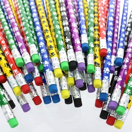 GiftExpress 48 Pcs Paw Print Pencils for Kids, Colorful Assortment Wooden Pencil with Eraser for School Supplies, Classroom Prize