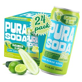 PuraSoda® Cucumber & Lime | Low-Calorie, Cane Sugar Soda Beverage | Non-GMO, Vegan | Made with Pure Cane Sugar, Clean & Refreshing | 10.1 fl oz (300ml) Cans, Pack of 24