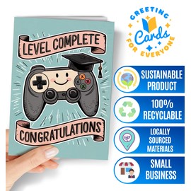 Graduation Card - Funny Graduation Gamer Card for Son, Grandson, Brother or Nephew - Congratulations Highschool, Phd, Masters Degree for Men - Fun Cute College Grad Card for him - Level Complete