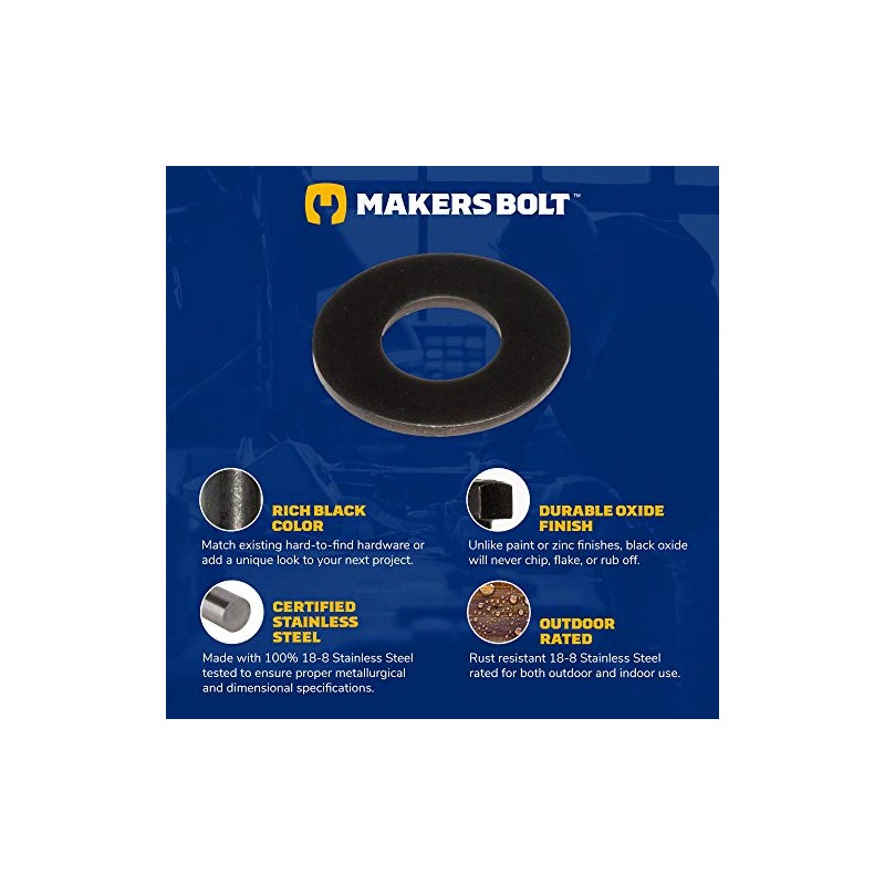 #10 (3/16") Black Stainless Steel Flat Washer (100 pcs), Black